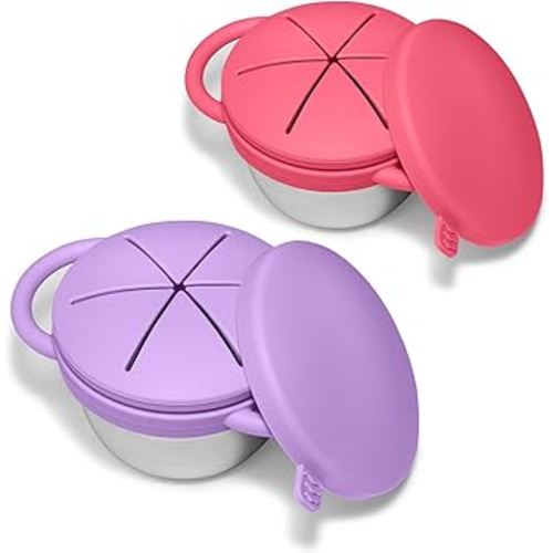 JVEOO 2 Pack Baby Stainless Steel Snack Containers for Kids with Spill Proof Food Grade Silicone Lids & Handles 9 OZ Baby Snack Cups No Spill Toddler Snack Box for Mess-Free Snacking