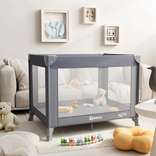 Trimigo Portable Travel Crib & Playpen - Baby Safe Folding Travel Bed w/Mattress, Breathable Mesh | Compact Lightweight Baby Bed | Pack and Play for Babies & Toddlers (Grey)