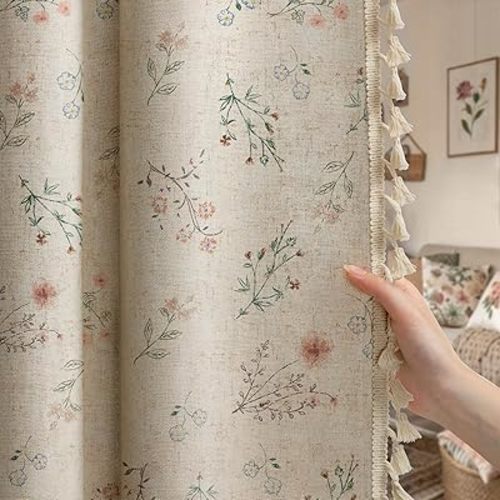 Boho Floral 100% Blackout Curtains 84 Inch Length 2 Panels Set, Linen Texture Farmhouse Curtains Beige Tassel for Living Room Bedroom Vintage Rustic Patterned Printed Western Rod Pocket