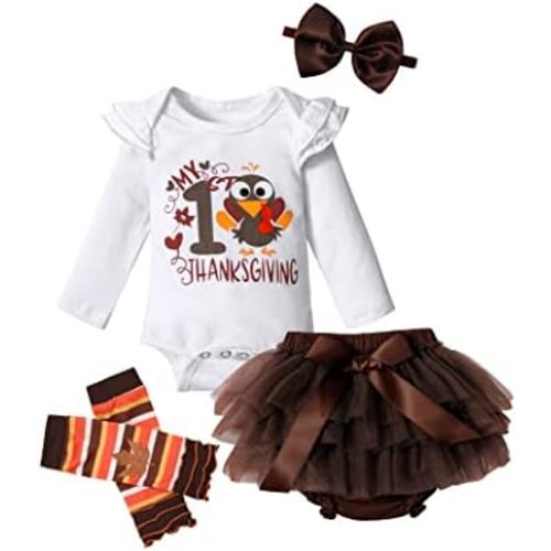 DONWEN Baby Girl Thanksgiving Outfit My 1st Thanksgiving Turkey Romper + Tutu Skirts + Leggings 4pcs Outfits Set