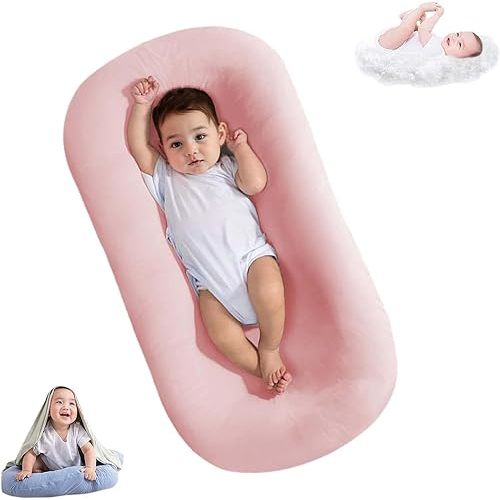 Lucakuins Baby Lounger, Bionic Design, Newborn to 24 Months, Soft Organic Cotton, Breathable, Pink, Portable, 19x4x4 inches