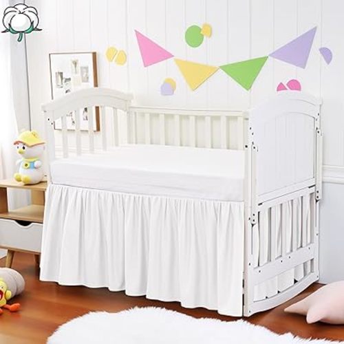 Crib Bed Skirt Dust Ruffle 100% Cotton - Natural, Soft, Breathable for Baby's Delicate Skin, Nursery Toddler Crib Bed Skirt for Baby Boys Girls, Fits Standard Cribs 28" x 52" with 14" Drop