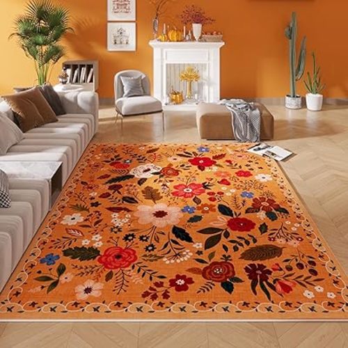 Rugcomf Living Room Rug 5x7 Rug Machine Washable Boho Area Rug Non Slip Floral Vintage Low Pile Large Rugs for Living Room, Bedroom, Farmhouse, Dining Room, Kids Playroom(Yellow)