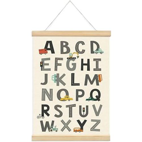 XYDEG Transportation Car Alphabet Numbers Poster Hanger Frame,Baby Boy Nursery Playroom Wall Decor, Nursery Decor,ABC Banner Poster Wall Art with Wooden Frames,Banner Wall Hanging for Toddler 12x16