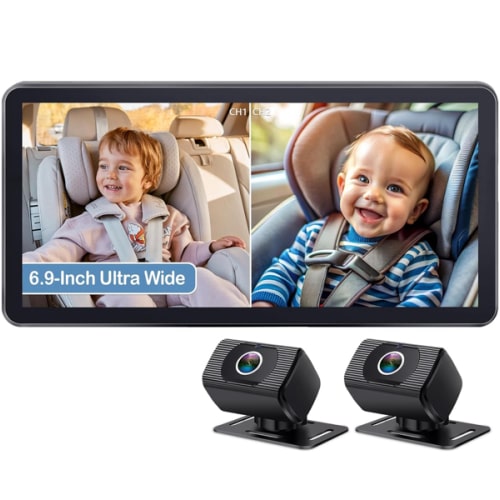 2-Kids Baby Car Camera for Seat: 6.9 Inch Ultrawide Display with Two Cameras Rear Facing - USB Powered Backseat Camera HD 1080P Easy to Install