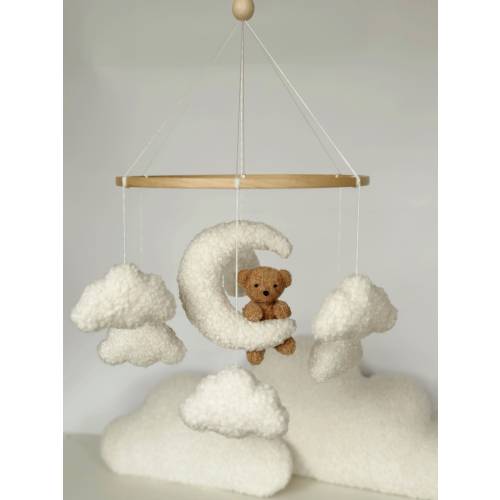 Mobile Teddy Bear boucle Clouds Boucle Neutral gender mobile Nursery decor boucle Pregnancy gift Clouds mobile Brown bear mobile