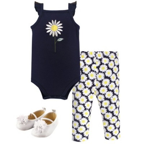 Hudson Baby Infant Girl Cotton Bodysuit, Pant and Shoe 3pc Set, Daisy, Size: 12-18 months