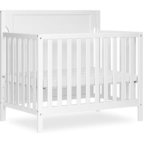 Dream On Me Bellport 4 in 1 Convertible Mini/Portable Crib In White, Non-Toxic Finish, Made of Sustainable New Zealand Pinewood, With 3 Mattress Height Settings