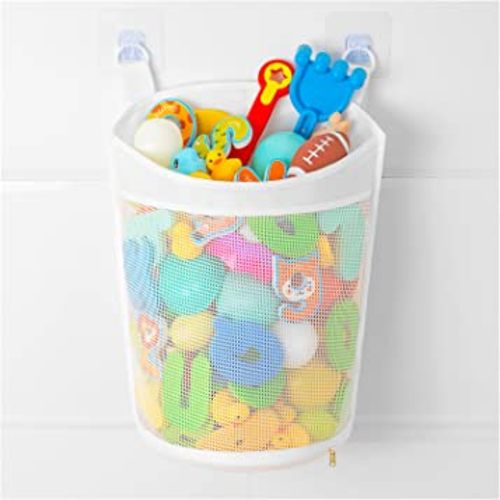 Large Capacity Baby Mesh Bath Toy Organizer, Multiple Ways to Hang, Extra Large Opening Bathroom Toy Storage, Bottom Zipper Bathtub Toy Storage Bag, Baby Shower Games bath Tub Accessory (White)