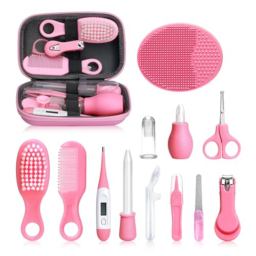 Baby Grooming and Healthcare Kit, Infant Safety Care Set with Hair Brush Comb Nail Clipper Nasal Aspirator,Baby Essentials Kit for Newborn Girls Boys (13 in 1, Pink)