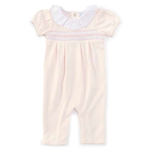 Edgehill Collection Baby Girls Newborn-9 Months Ruffle Neck Short Sleeves Solid Smocked Romper