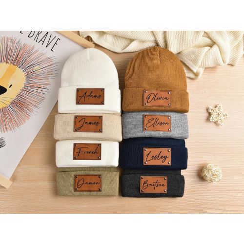 Knitted Winter Hat, Custom Baby Beanie Hat, Newborn Infant Toddler Kids Youth Child, Personalized Baby Name Hat, Leather Name Patch Beanie