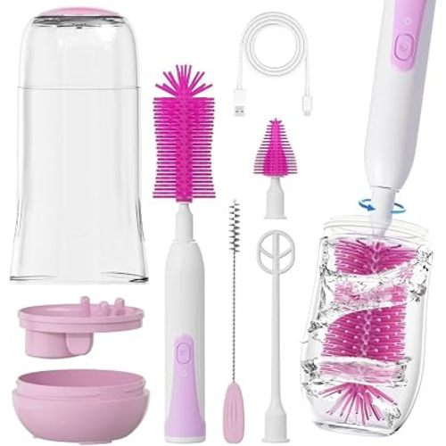 Ultimate 6-in-1 Electric Baby Bottle Cleaning Kit – Rechargeable Power Scrubber with 2 Speeds & 360° Rotating Silicone Brush, Infrared Sterilizing Dryer, Milk Frother, BPA-Free (Purple, Travel B)