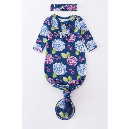 Navy floral print bamboo baby gown