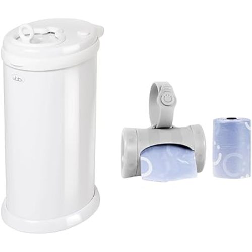Ubbi Steel Diaper Pail Bundle with Retractable On The Go Travel Bag Dispenser for Diaper Changes