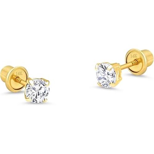 14k Yellow Gold 2, 3, 4, 5, 6mm Basket Round Cubic Zirconia Children Screw Back Baby Girls Earrings
