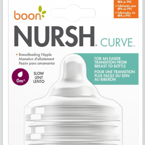 Boon Nursh Curve Silicone Baby Bottle Nipples - Platinum Food-Safe Silicone Bottle Nipples - Slow Flow Nipples for Baby Bottles - Baby Bottle-Feeding Supplies - 3 Count (Pack of 2)