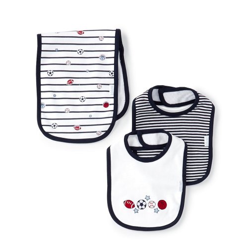 Little Me Baby Boys Sports Bib, Striped Bib & Striped/Sports Theme Burp Cloth Set