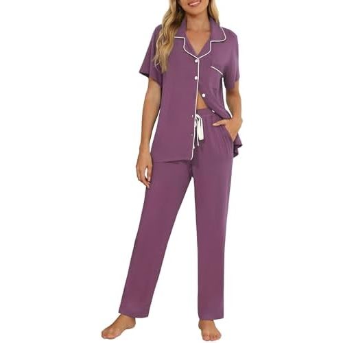 Senert Women Pajamas Set Short Sleeve Sleepwear Button Down Shirt with Long Pants Soft Pjs Set Nightwear Lounge Sets S-XXL
