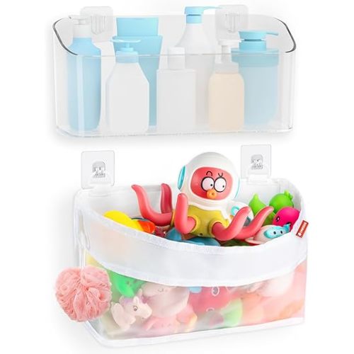 UNEEDE 2 Pack Bath Toy Storage Organizer,Plastic & Nylon Bath Toy Holder for Bathroom,Quick Dry Mesh Shower Caddy,Large Capacity Bathtub Storage with Drain Holes,Easy to Install and Clean