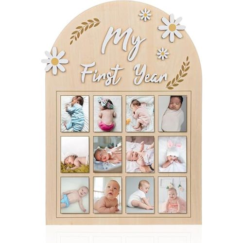 My First Year Picture Frame, 3D Daisy Flower Baby's First Year Photo Display 12 Months Wood Board Monthly Photo Banner Gift for Newborn Baby 1st Birthday Memories Nursery Decoration