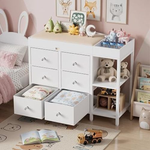 Changing Table Dresser,Baby Dressing Table with 6 Drawers and 2 Storage Shelves,Modern Diaper Changing Station for Children's Room,for The Nursery,White