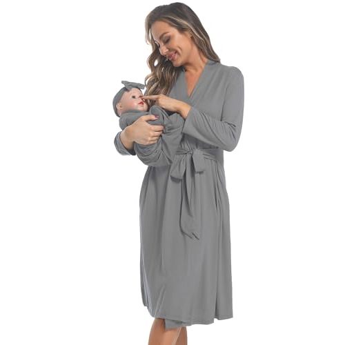 WINROLA Maternity Robe with Matching Swaddle Set Girls Boys, Mommy Me Robe Set Soft Elastic Women Robes