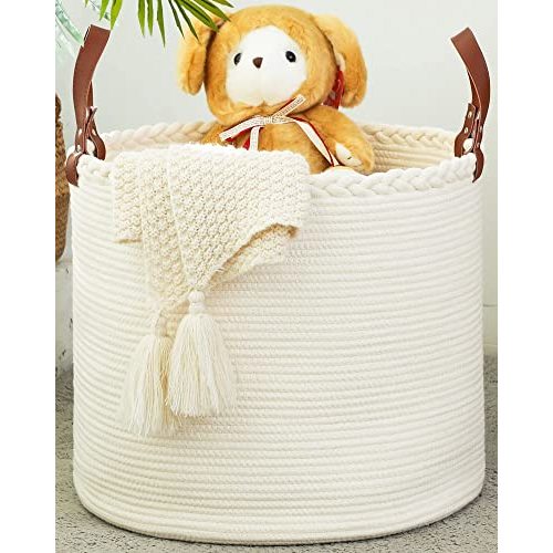 KAKAMAY Large Blanket Basket (18"x16"),Woven Baby Laundry Hamper,Cotton Rope Blanket Basket for Nursery, Laundry, Living Room, Pillows, Baby Toy chest with Leather Handles (White)