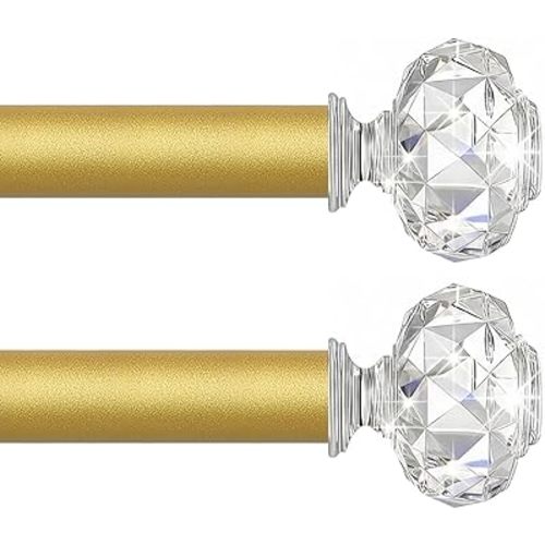 TVWOO Gold Decorative Crystal Curtain Rods:36-88" Heavy Duty Adjustable Window Curtain Rods for Bedroom Living Room,Brass Golden Modern Girly Acrylic Drapery Rods with Sheer Bling Diamond Finial,2Pack