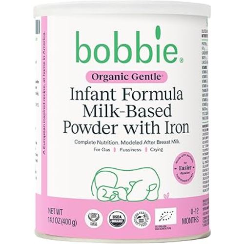 Bobbie Organic Gentle Infant Formula, Milk Based Powder with Iron, DHA, Vitamin D & 100% Lactose Like Breast Milk, For Fusiness, Crying & Digestive Health, Newborn Baby-12 Months Old, 14.1 oz, 1 Pack