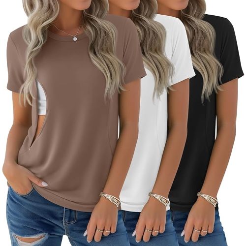 3 Pack Women's Nursing Shirts for Breastfeeding with Zippers Maternity Loose Short Sleeve Tops Pregnancy Clothes