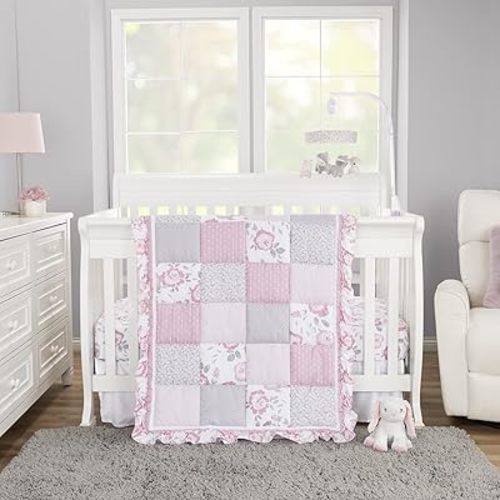 Sammy & Lou Emma 4-Piece Baby Nursery Crib Bedding Set for Girls, Includes Quilt, Fitted Crib Sheet, Crib Skirt, and Plush Toy
