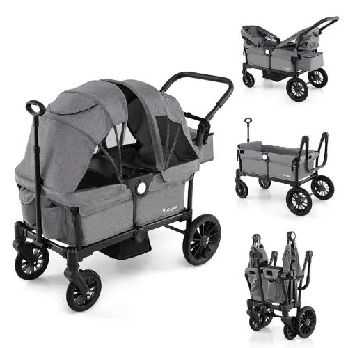 BABY JOY Wagon Stroller for 2 Kids, Collapsible Push Pull Double Stroller Wagon with Adjustable Handle Bar, Removable Canopy, Safety Harness, Cup Holder, Snack Tray & Storage Bag (Gray)