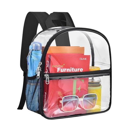 Paxiland Clear Backpack Stadium Approved 12×12×6 with Reinforced and Wider Shoulder Straps, Small Clear Bag for Schools, Concerts, Work, Festivals and Sporting Events - Black