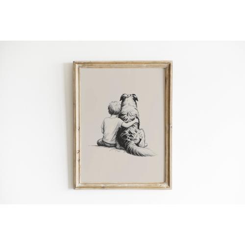 Australian Shepherd Puppy and Boy Art Print | Nursery Decor