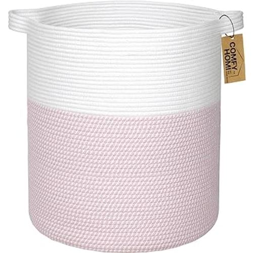 COMFY-HOMI XXL Large Laundry Basket with Handles Blanket Baskets Living Room|Woven Cotton Rope Decorative Basket Laundry Hamper Baby Basket Nursery Dog Toy Storage Organizer Bin-16”x18”-White/Pink