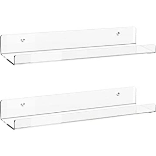 Acrylic Floating Shelves, 2 Pack of 15 inches Invisible Acrylic Floating Wall Ledge Shelf, Wall Mounted Nursery Kids Bookshelf, Spice Rack, Bathroom Storage Shelves for Cosmetics, Photos, Books, Spice