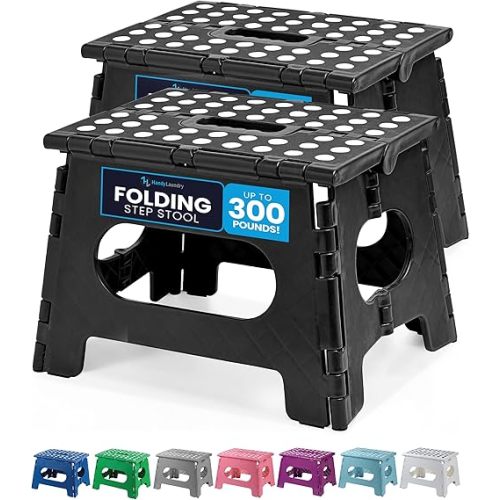 Handy Laundry Folding Lightweight Step Stool is Sturdy Enough to Support Adults and Safe Enough for Kids. Opens Easy with One Flip. Great for Kitchen, Bathroom or Bedroom. (Black | 2-Pack)
