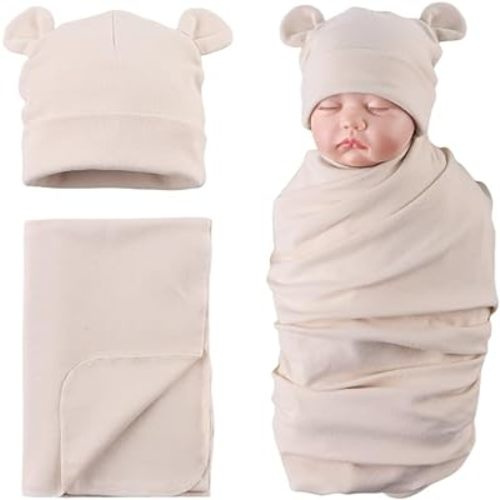 PESAAT Cotton Baby Swaddle Hat Set Newborn Infant Hats Receiving Blankets for Baby Boys Girls