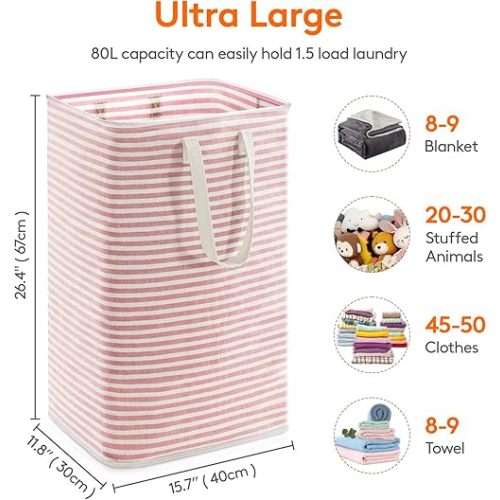 Lifewit Laundry Hamper Large Collapsible Laundry Baskets, Freestanding Waterproof Clothes Hamper Storage Basket with Easy Carry Extended Handles for Clothes in Laundry Room Bedroom Bathroom College Dorm for Adults, Pink