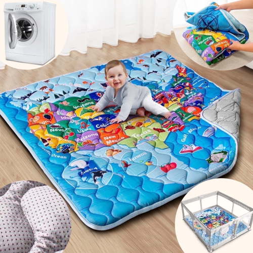 Beavtaens Baby Play Mat for Floor, Fits 50x50 Playpen, Non-Slip, Soft for Infants, 0-4 Years (Map)