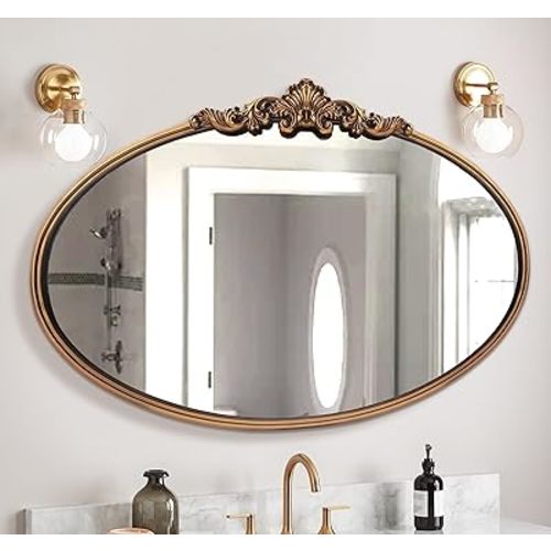 WAMIRRO Oval Mirror,Gold Traditional Vintage Ornate Baroque Mirror,Antique Brass Mirror for Entryway/Fireplace/Living Room/Hallway/Bathroom.36“X24“Gold