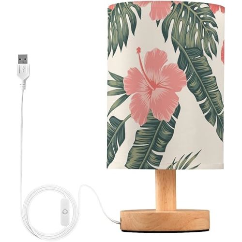 Hibiscus Flowers Bedside Table Lamp for Bedroom Fabric Linen Lampshade Nightstand Lamp Desk Light Lamps for Home Office Dorm 5.12x9.7in