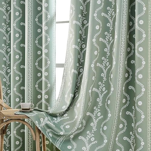 Blackout Curtains Sage Green for Bedroom,Green and White Boho Patterned Drapes 84 Inch Length 2 Panels Set,Cute Black Out Floral Curtains for Vintage Farmhouse