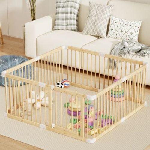 APRILSOUL Large Wooden Baby Playpen, Adjustable Gate for Toddler and Babies, Sturdy Fence Baby Play Yard with Door