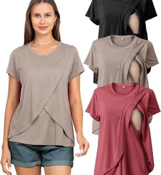 Rnxrbb 3 Pack Women's Nursing Tops for Breastfeeding Summer Short Sleeve T Shirts Postpartum Double Layer Clothes