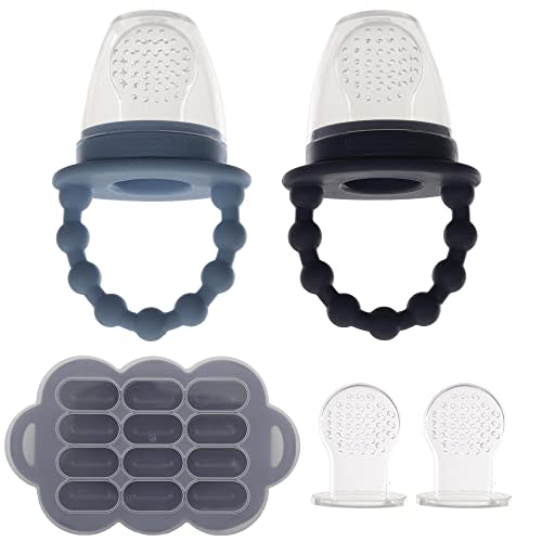 WeeSprout Silicone Baby Food Feeders + Freezer Tray for Batch Prep, Set of 2, Introduce New Foods Safely, Double as Silicone Teething Toys, Includes 2 Extra Food Pouches & Travel Lids, Dishwasher Safe