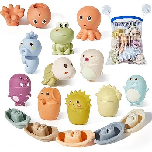 Animal Bath Toys with Floating Boats for Toddlers 1-3, 15 PCS Mold Free Bathtub Toy for Infants 6-12 Months, Eco-Friendly Non Toxic Water Table Toys