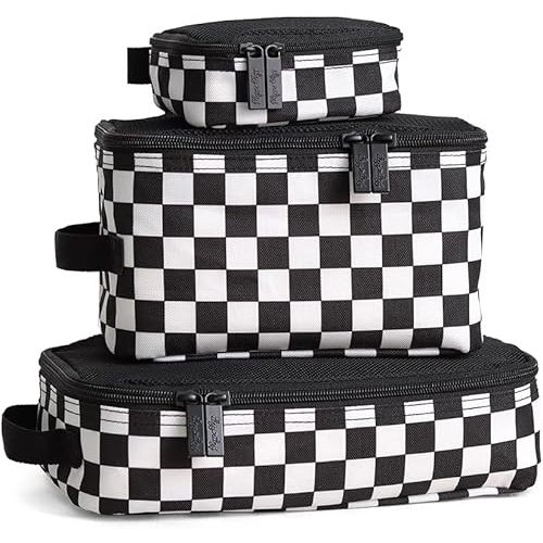 Itzy Ritzy Packing Cubes for Travel – Set of 3 Packing Cubes or Travel Organizers - Each Cube Features a Mesh Top, Double Zippers and a Fabric Handle (Black & White Checkerboard)