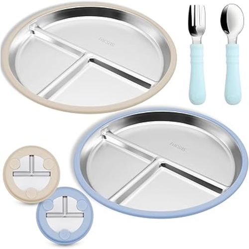 2 Pack Stainless Steel Baby Plate with Suction & Spoons and Forks Set, 9” Divided Plates with Removable Silicone Sleeves for Kids, Non-Slip Toddler Baby Feeding Set Dishwasher Safe